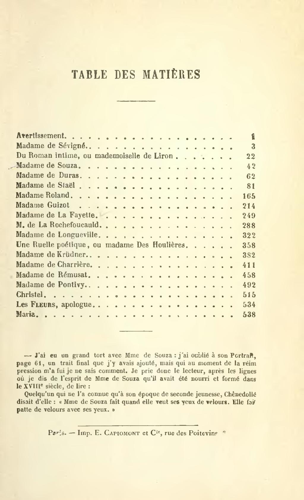 Portraits de femmes, sommaire (Sainte-Beuve)